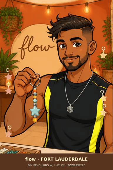 Example: a cartoon guest showing a colorful keychain with floating charms